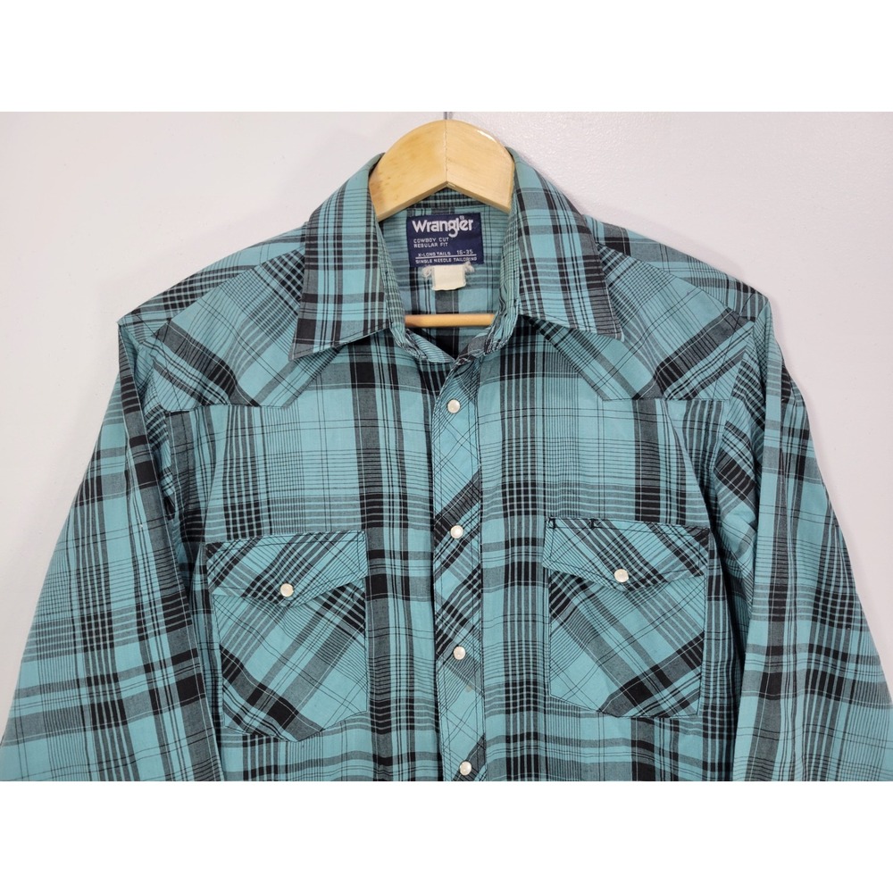 Wrangler Cowboy Cut Western‎ Shirt Mens 16-35 Turquoise Black Plaid Pearl Snap - Picture 2 of 7